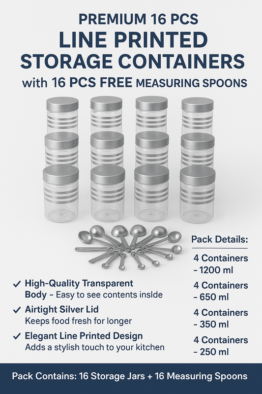 Premium 16 pcs Line Printed Storage Container With 16 Pcs Spoon (FREE) , (4 Piece-1200ml , 4 Piece - 650ml , 4 Piece -350ml , 4 Piece -250ml Each), Color - Silver Clear |BPA FREE | STORAGE CONTAINER