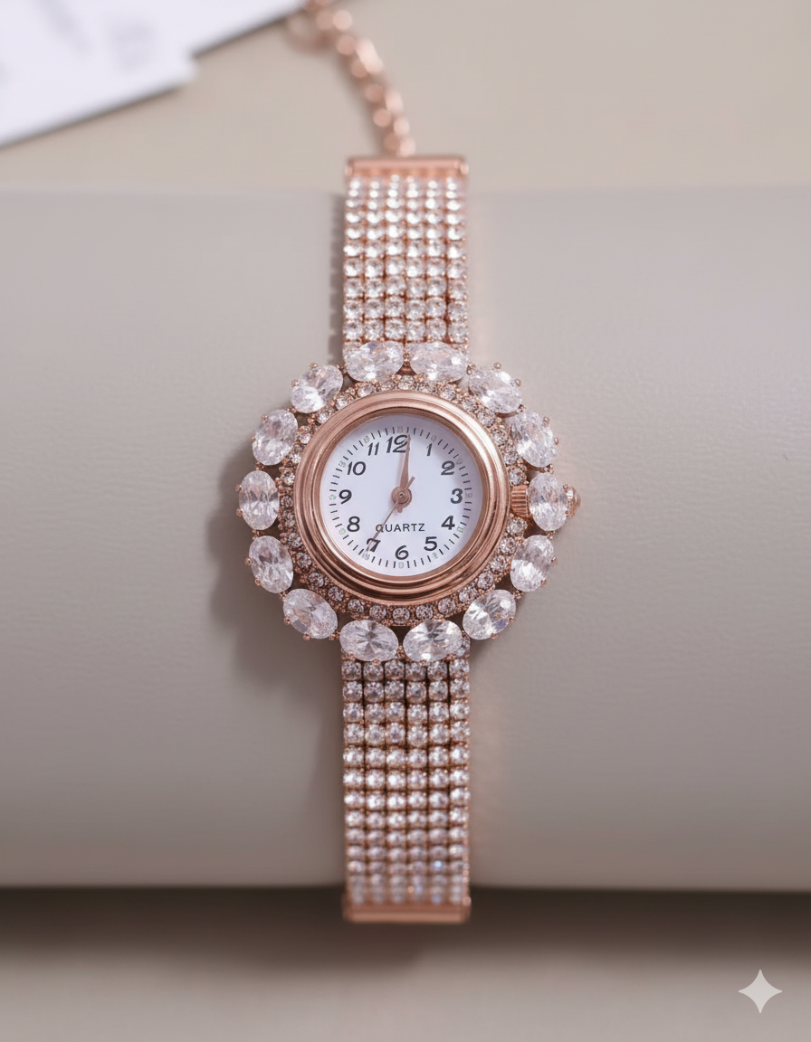 GC Premium Jewellery Premium Rose Gold Diamond-Studded Round Dial Bracelet Watch for Women and Girls | Elegant Crystal Work with Multi-Layer Chain | Ideal for Weddings, Parties & Festive Wear