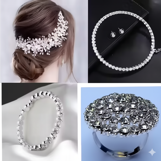 White crystel Tiara and korean necklace bracelet combo White color Artificial Flowers Poola Jada/Raakodi/Matha Pati/Kajra/malar marrum pira muti pakankal/gajra/pushpavum mattu hai