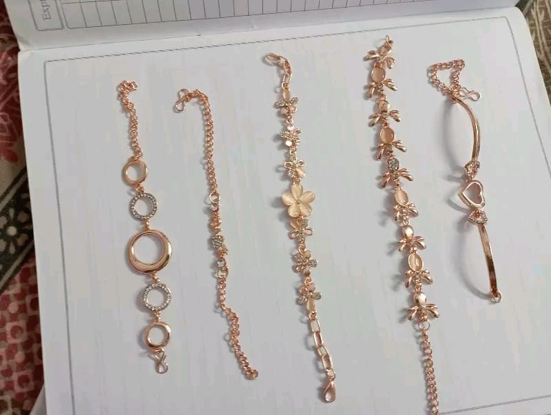 Rose Gold Platted Crystal Jewellery Combo of 5 Designer Adjustable Chain Bangle Bracelet Emblished with White Crystal Elements Fitted for Girls and Women CO1000280