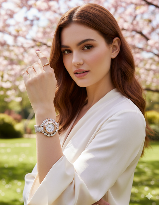 GC Premium Jewellery Premium Rose Gold Diamond-Studded Round Dial Bracelet Watch for Women and Girls | Elegant Crystal Work with Multi-Layer Chain | Ideal for Weddings, Parties & Festive Wear