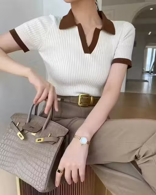 WHITE WITH BROWN RIB COLOR TOP