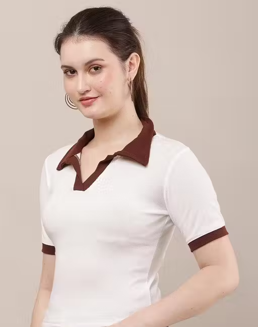 WHITE WITH BROWN RIB COLOR TOP