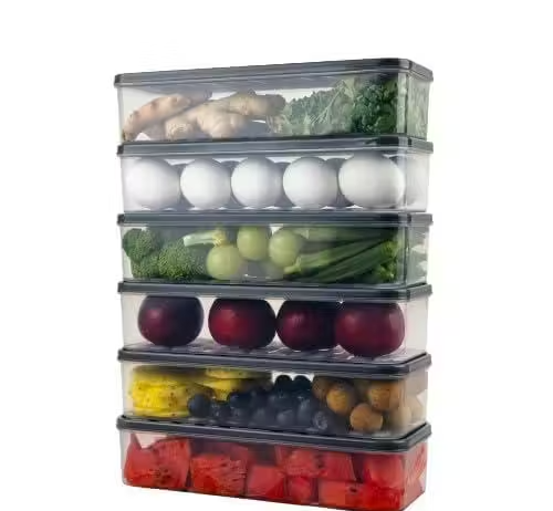 Fridge Storage Containers (Pack of 6) 1500 Ml contanier with Removable Drain Plate Lids Stackable Organizer Box Fruits Vegetables With And Airtight Lid Plastic Keeps Meat Fish Fresh Longer