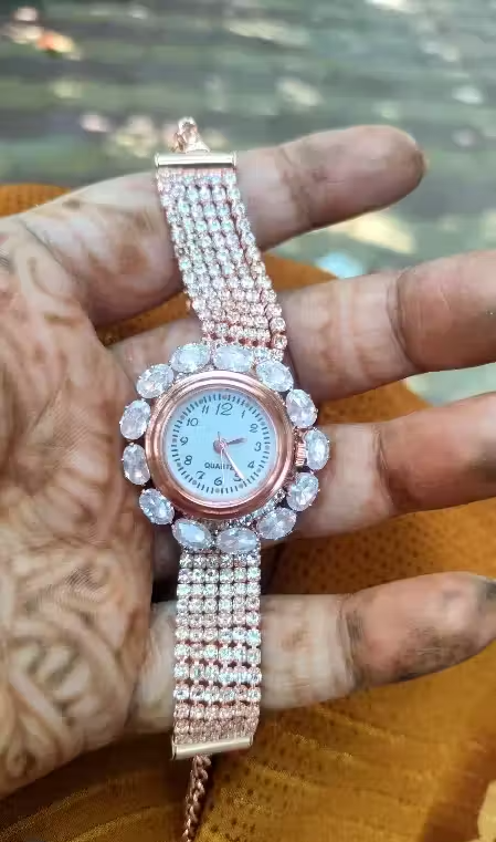 GC Premium Jewellery Premium Rose Gold Diamond-Studded Round Dial Bracelet Watch for Women and Girls | Elegant Crystal Work with Multi-Layer Chain | Ideal for Weddings, Parties & Festive Wear