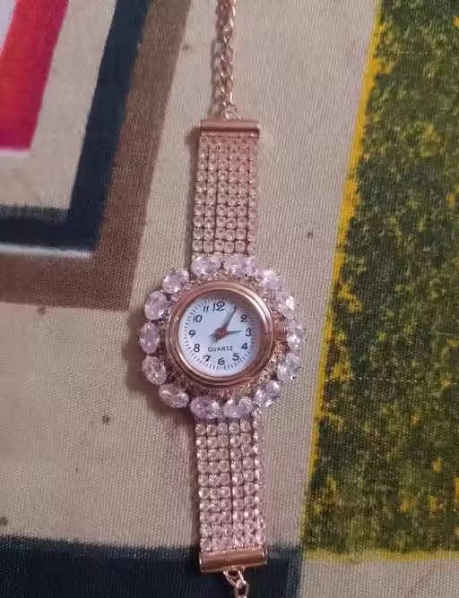 GC Premium Jewellery Premium Rose Gold Diamond-Studded Round Dial Bracelet Watch for Women and Girls | Elegant Crystal Work with Multi-Layer Chain | Ideal for Weddings, Parties & Festive Wear