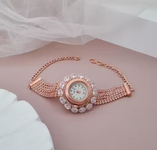 GC Premium Jewellery Premium Rose Gold Diamond-Studded Round Dial Bracelet Watch for Women and Girls | Elegant Crystal Work with Multi-Layer Chain | Ideal for Weddings, Parties & Festive Wear