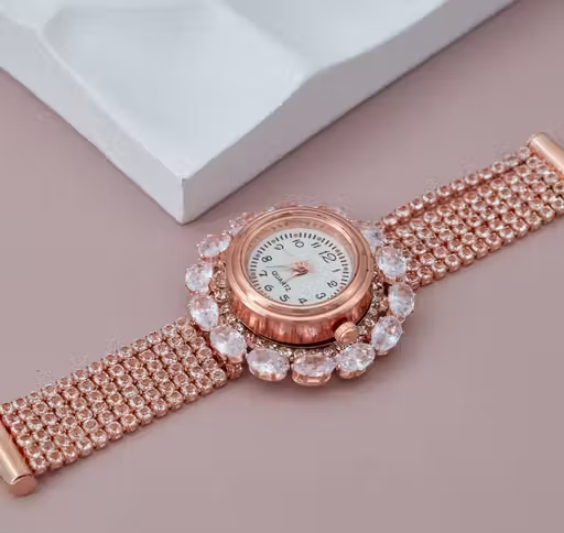GC Premium Jewellery Premium Rose Gold Diamond-Studded Round Dial Bracelet Watch for Women and Girls | Elegant Crystal Work with Multi-Layer Chain | Ideal for Weddings, Parties & Festive Wear
