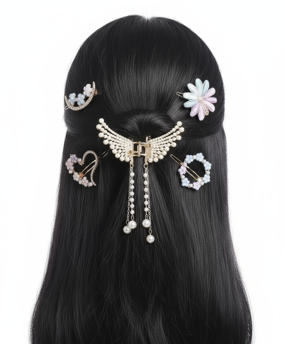 combo Offer metal pearl claw clip and Pearl Resin Acrylic Hair Clips pack of 5 White color Abs Plastic Juttu clip