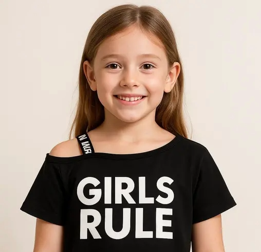 Kids Black Printed One-Shoulder Crop Top – Stylish Casual Wear for Girls