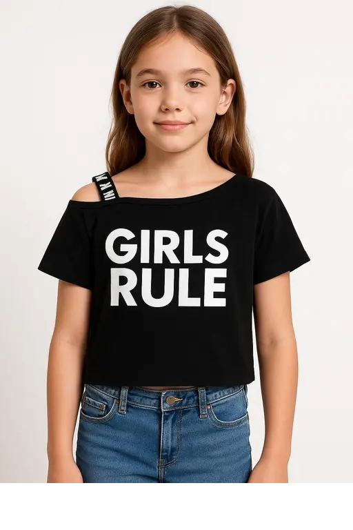 Kids Black Printed One-Shoulder Crop Top – Stylish Casual Wear for Girls