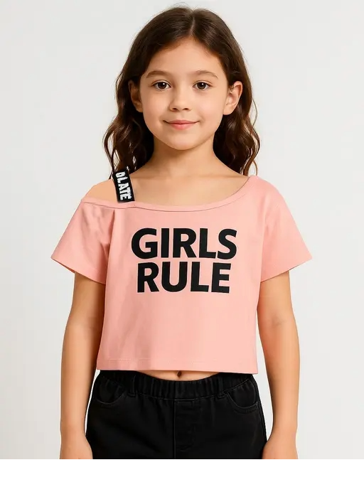 Kids Black Printed One-Shoulder Crop Top – Stylish Casual Wear for Girls