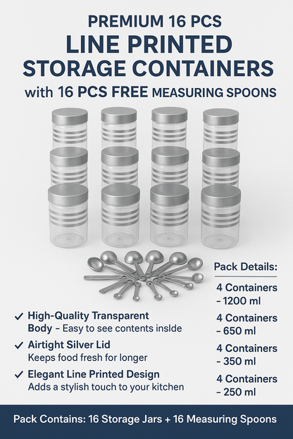 Premium 16 pcs Line Printed Storage Container With 16 Pcs Spoon (FREE) , (4 Piece-1200ml , 4 Piece - 650ml , 4 Piece -350ml , 4 Piece -250ml Each), Color - Silver Clear |BPA FREE | STORAGE CONTAINER