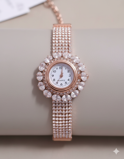 GC Premium Jewellery Premium Rose Gold Diamond-Studded Round Dial Bracelet Watch for Women and Girls | Elegant Crystal Work with Multi-Layer Chain | Ideal for Weddings, Parties & Festive Wear