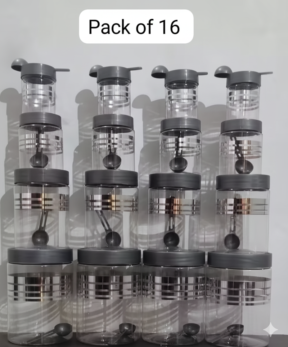 Premium 16 pcs Line Printed Storage Container With 16 Pcs Spoon (FREE) , (4 Piece-1200ml , 4 Piece - 650ml , 4 Piece -350ml , 4 Piece -250ml Each), Color - Silver Clear |BPA FREE | STORAGE CONTAINER