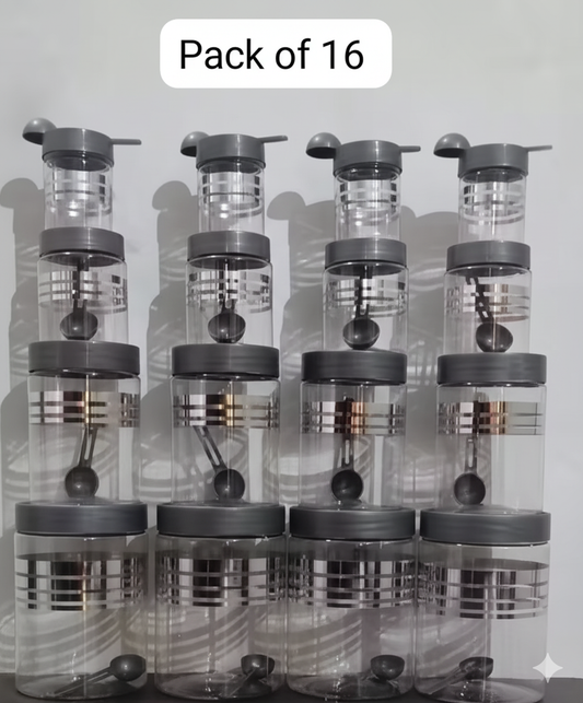 Premium 16 pcs Line Printed Storage Container With 16 Pcs Spoon (FREE) , (4 Piece-1200ml , 4 Piece - 650ml , 4 Piece -350ml , 4 Piece -250ml Each), Color - Silver Clear |BPA FREE | STORAGE CONTAINER