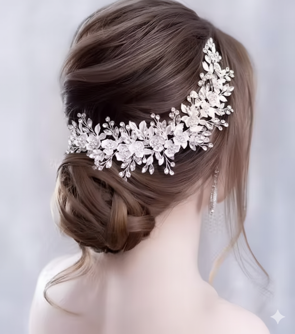 White crystel Tiara and korean necklace bracelet combo White color Artificial Flowers Poola Jada/Raakodi/Matha Pati/Kajra/malar marrum pira muti pakankal/gajra/pushpavum mattu hai