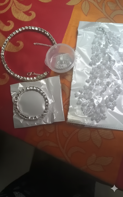 White crystel Tiara and korean necklace bracelet combo White color Artificial Flowers Poola Jada/Raakodi/Matha Pati/Kajra/malar marrum pira muti pakankal/gajra/pushpavum mattu hai