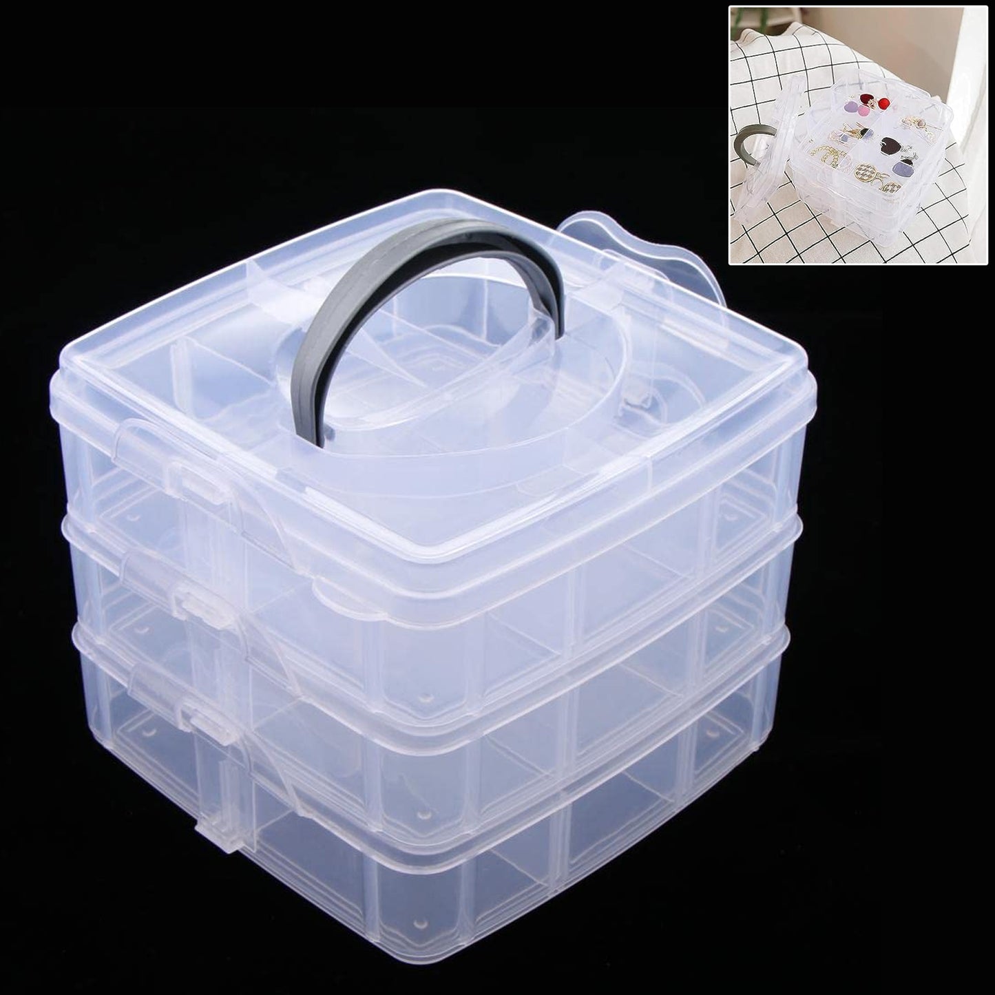 2644 3-tier 18 Sections Transparent Stackable Adjustable Compartment Slot Plastic Craft Storage Box