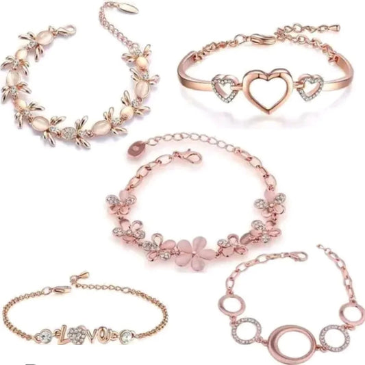 Rose Gold Platted Crystal Jewellery Combo of 5 Designer Adjustable Chain Bangle Bracelet Emblished with White Crystal Elements Fitted for Girls and Women CO1000280