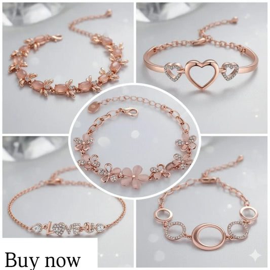 Rose Gold Platted Crystal Jewellery Combo of 5 Designer Adjustable Chain Bangle Bracelet Emblished with White Crystal Elements Fitted for Girls and Women CO1000280