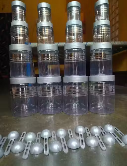 Premium 16 pcs Line Printed Storage Container With 16 Pcs Spoon (FREE) , (4 Piece-1200ml , 4 Piece - 650ml , 4 Piece -350ml , 4 Piece -250ml Each), Color - Silver Clear |BPA FREE | STORAGE CONTAINER