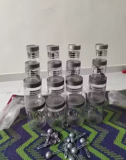 Premium 16 pcs Line Printed Storage Container With 16 Pcs Spoon (FREE) , (4 Piece-1200ml , 4 Piece - 650ml , 4 Piece -350ml , 4 Piece -250ml Each), Color - Silver Clear |BPA FREE | STORAGE CONTAINER