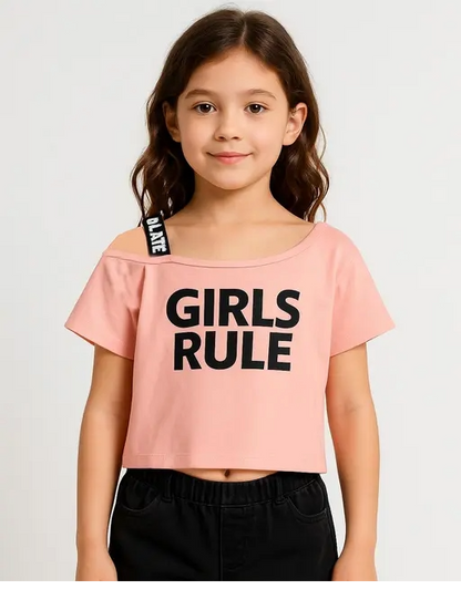Kids Black Printed One-Shoulder Crop Top – Stylish Casual Wear for Girls